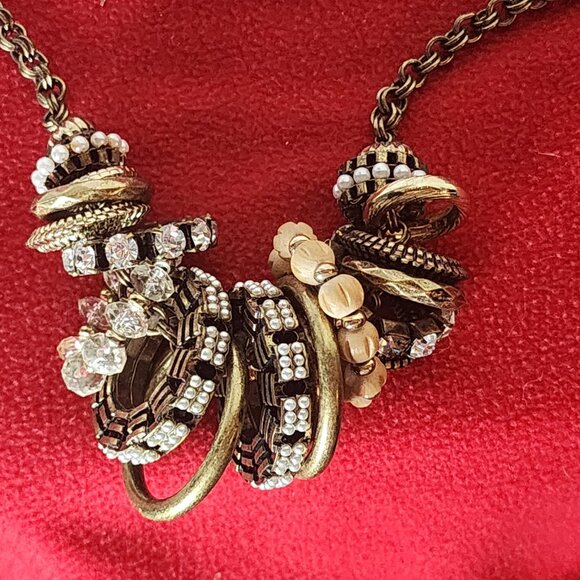 Chico's Mixed Metal Brass Rhinestone Wood Stacking Ring Bead 39" Rolo Necklace - Picture 14 of 16